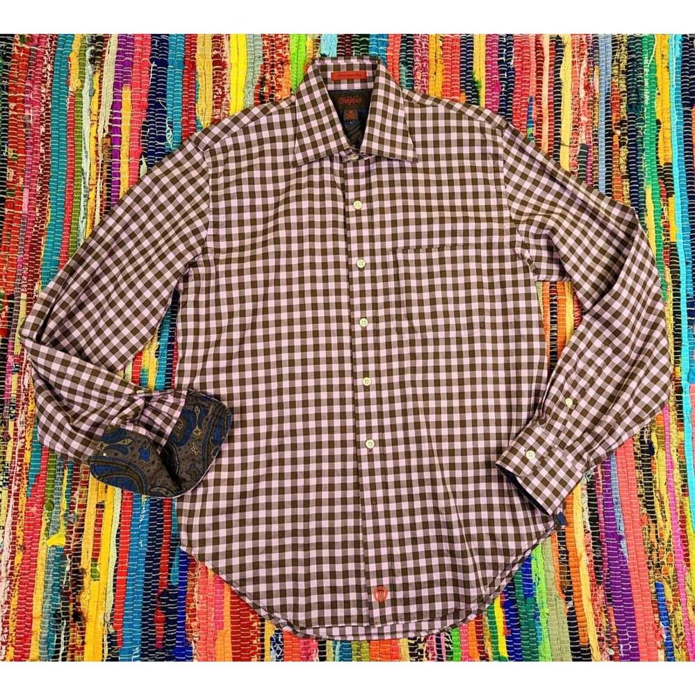 VTG Tre Vero Italian Fabric Spread Collar Casual Button Up Shirt Mens M Check